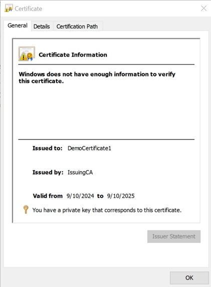 Certificate Manager showing the Issued To name of the certificate