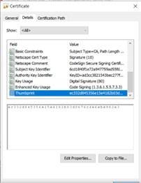 Certificate Details tab showing the Thumbprint field