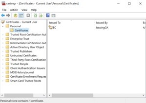 Certificate Manager showing the Personal Certificates folder
