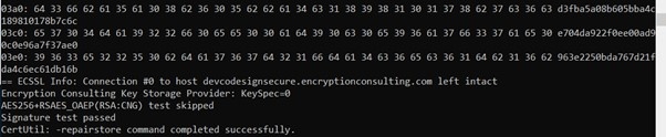 Command Prompt output after running the certutil repairstore command
