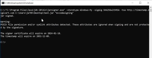 Command Prompt showing the example jarsigner command being run