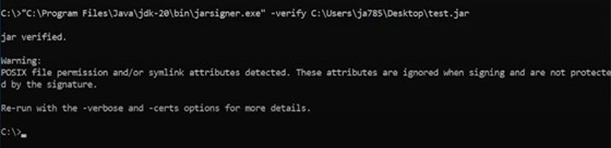 Command Prompt output showing the jarsigner verifier confirming a valid signature