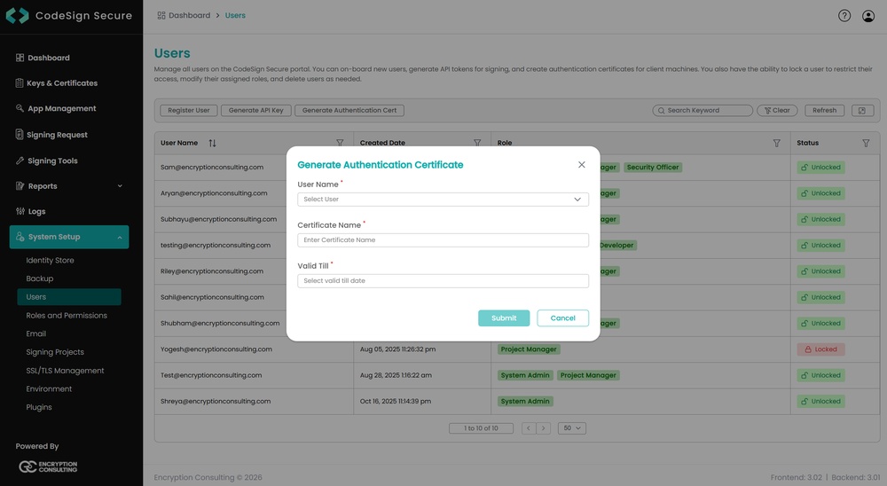CodeSign Secure System Setup page with the Generate Authentication Cert option