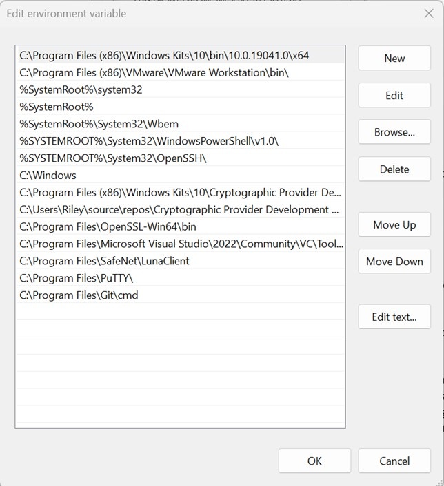 Edit environment variable dialog with the signtool.exe directory path added