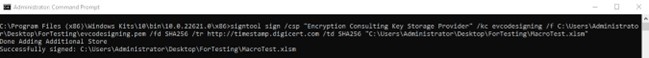 Command Prompt output showing a successful Signtool signing operation