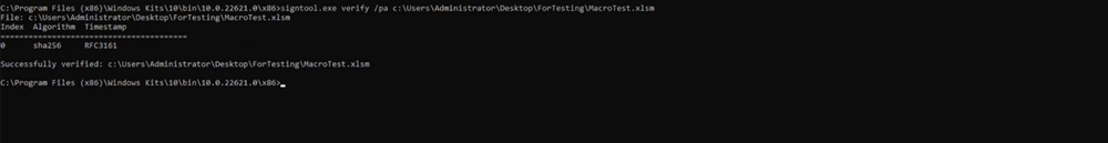 Command Prompt output showing signtool verify confirming a valid signature