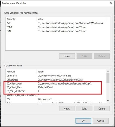 Windows System Variables dialog showing EC_Client_Auth, EC_Client_Pass, and EC_SSL_VERBOSE entries