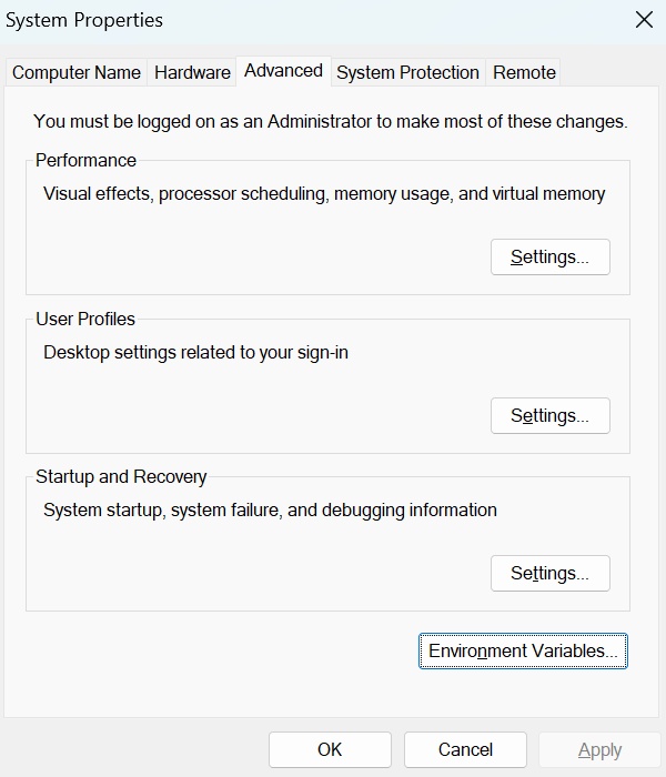 Windows Environment Variables dialog