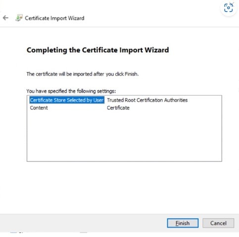Completing the Certificate Import Wizard screen with the Finish button
