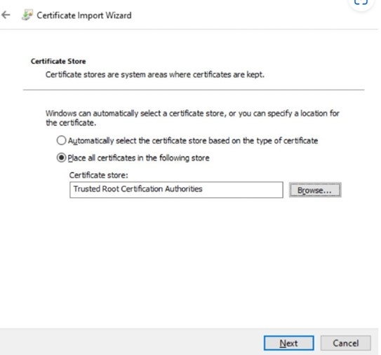 Certificate Import Wizard with Trusted Root Certification Authorities selected as the store