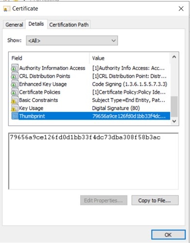 Certificate Details tab in the Certificate Manager showing the certificate thumbprint