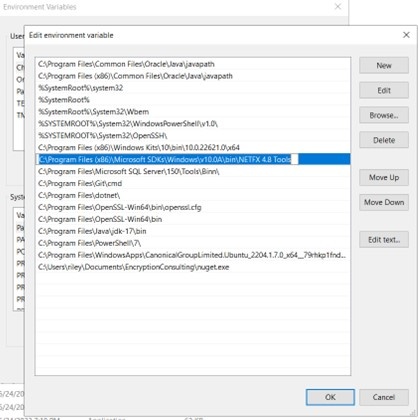Edit environment variable dialog with the mage.exe directory path added