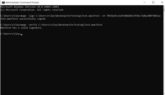 Command Prompt showing the mage sign command being run against a manifest file