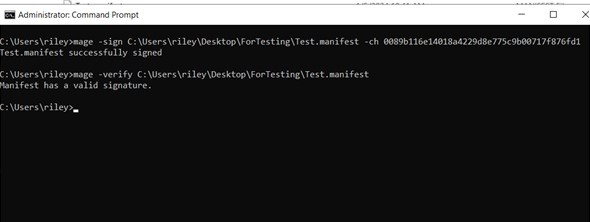 Command Prompt showing the mage sign command being run with the self-signed certificate thumbprint