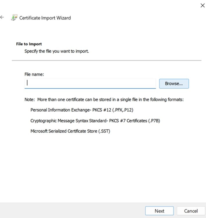 Certificate Import Wizard file browser with the .pem certificate selected