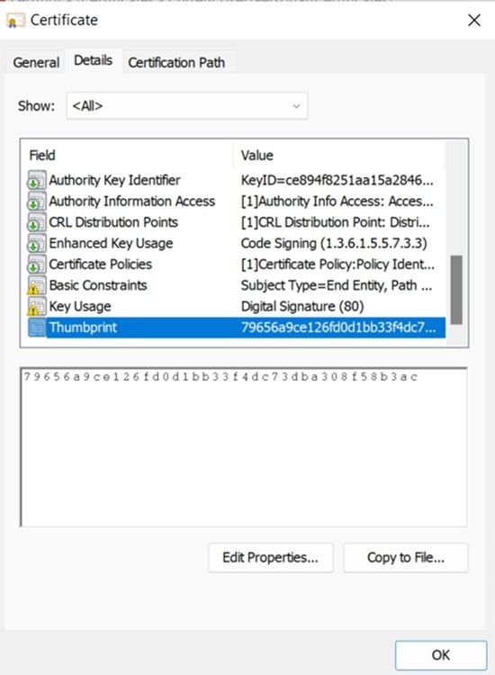 Certificate Details tab showing the Thumbprint field