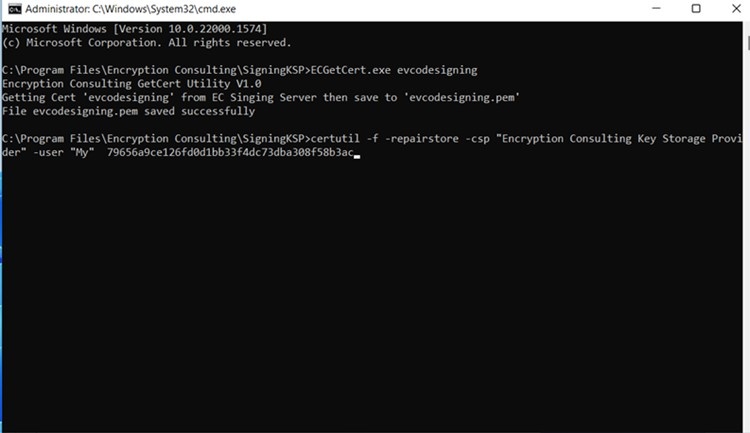 Command Prompt showing the certutil repairstore command being run