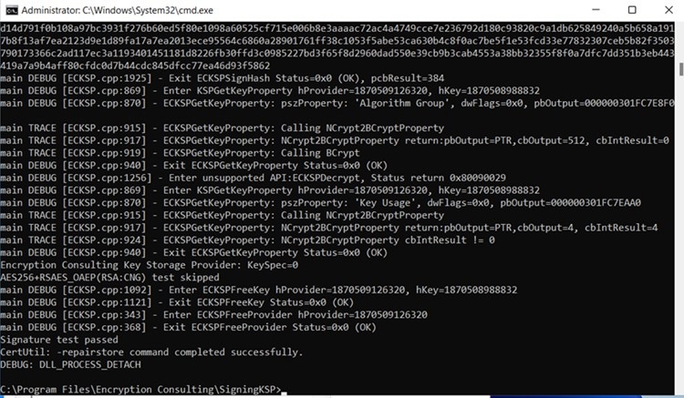 Command Prompt output confirming the certutil repairstore command completed successfully