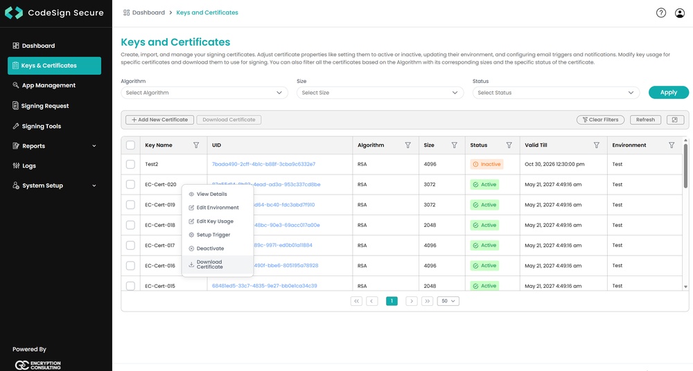 CodeSign Secure Keys and Certificates section with the certificate download option