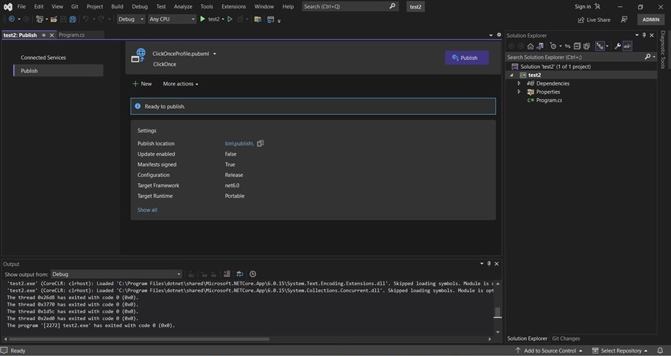 Visual Studio showing the completed publish profile