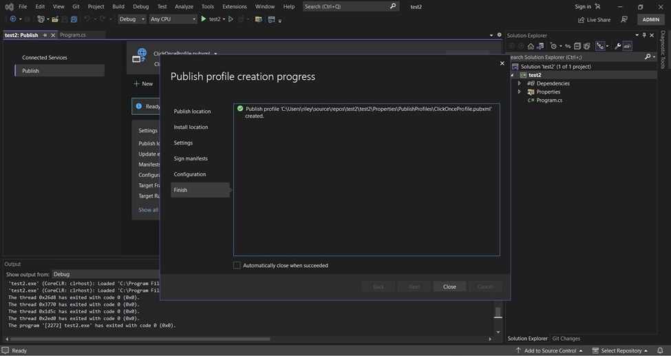 Visual Studio showing the publish profile creation progress