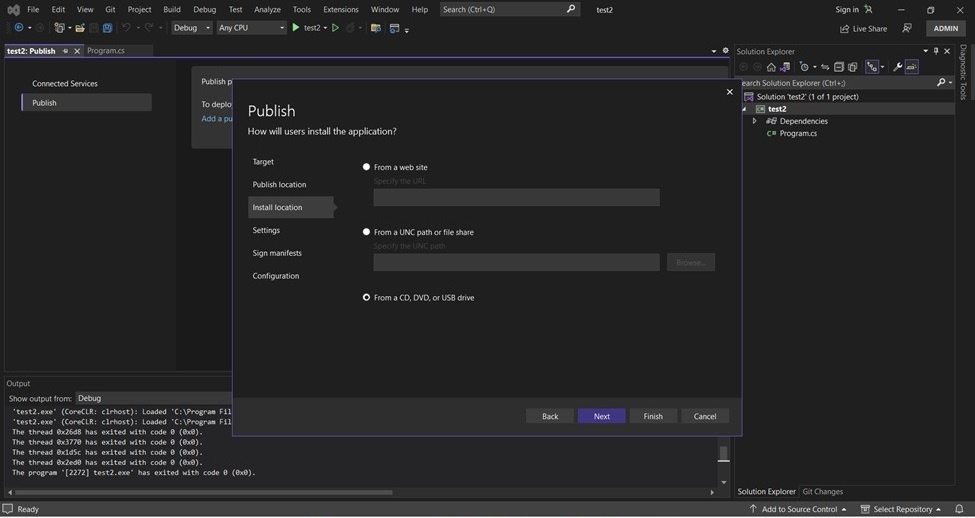 Visual Studio Publish wizard showing the install location field