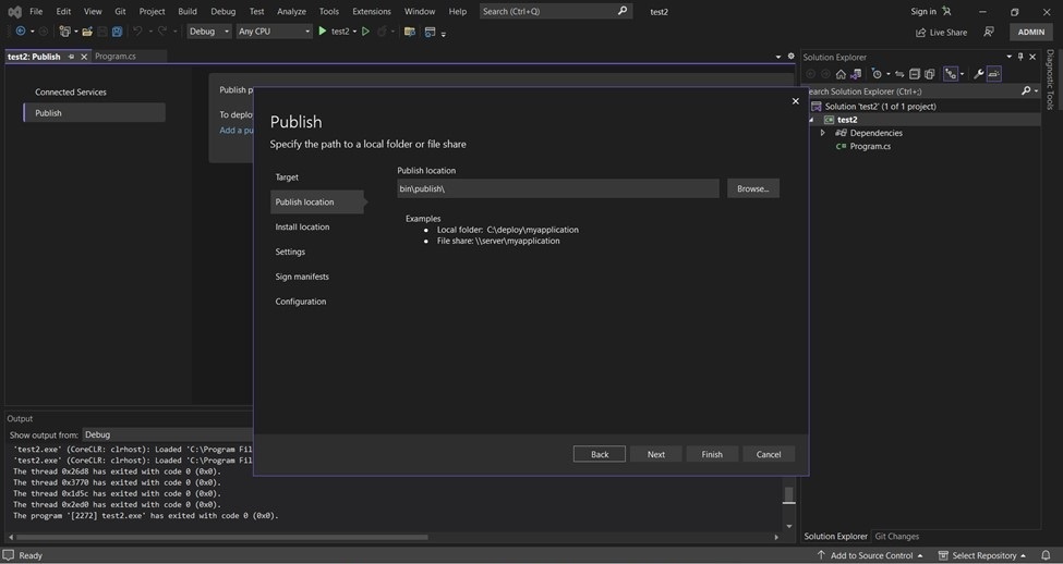 Visual Studio Publish wizard showing the publish location field