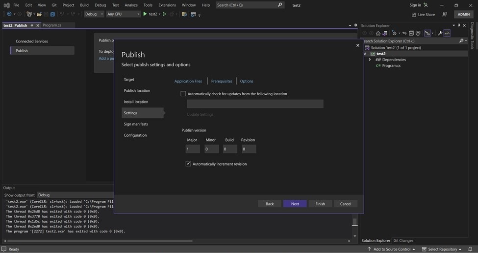 Visual Studio Publish wizard showing the publish settings review page