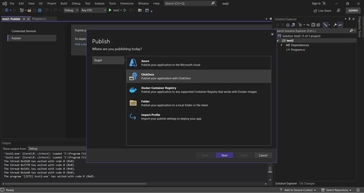 Visual Studio Publish wizard with ClickOnce selected as the target