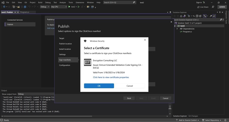 Select certificate dialog showing the imported certificate