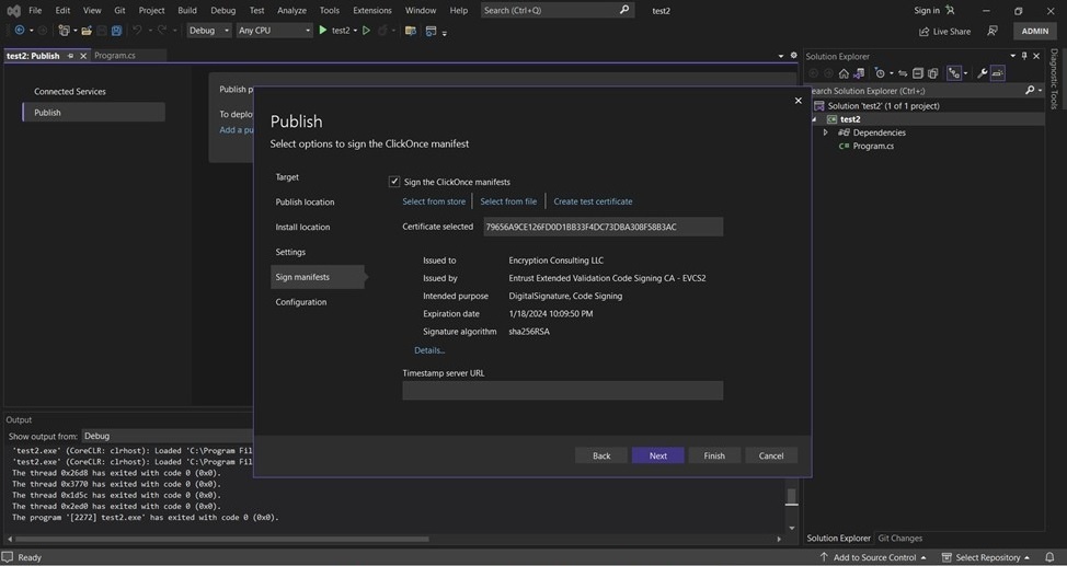 Visual Studio Sign manifests page showing the selected certificate details