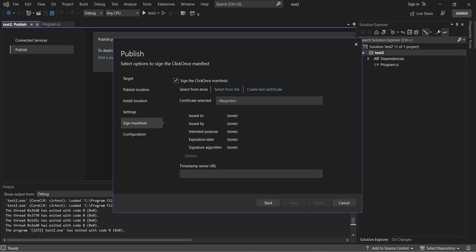 Visual Studio Sign manifests page with the Sign the ClickOnce manifests checkbox selected