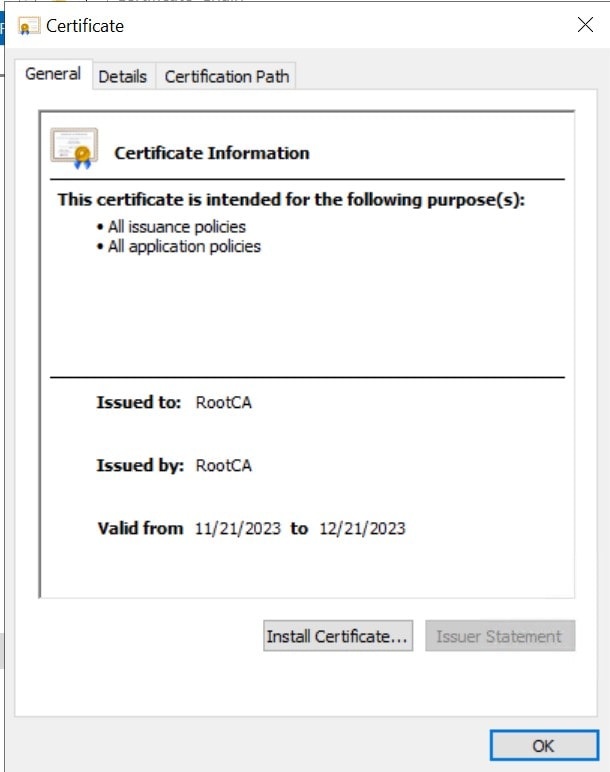 Root CA certificate with the Install Certificate button