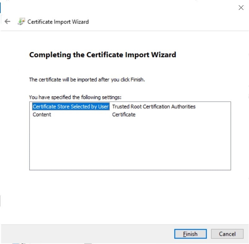 Completing the Certificate Import Wizard screen with the Finish button