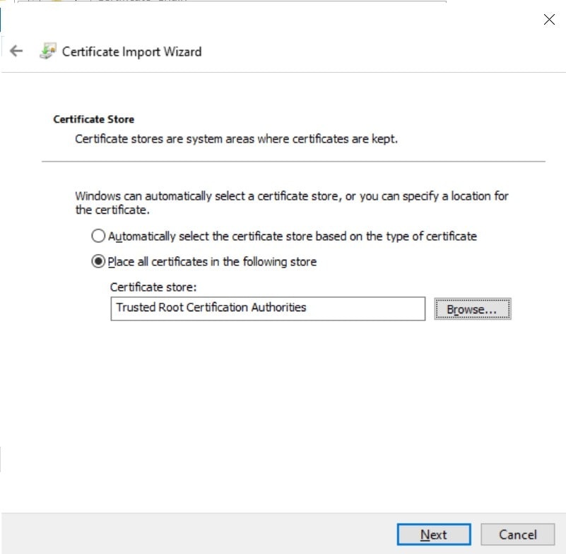 Certificate Import Wizard with Trusted Root Certification Authorities selected as the store