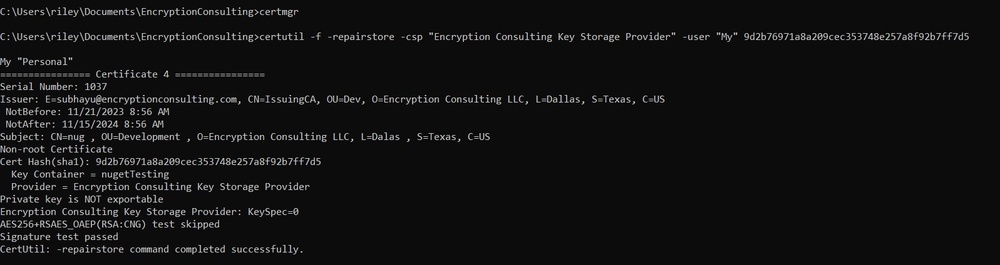 Command Prompt output after running the certutil repairstore command