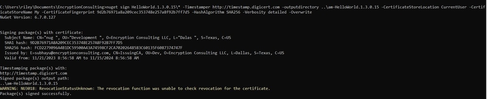 Command Prompt showing the nuget sign command being run with the self-signed certificate thumbprint