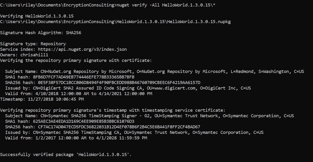 Command Prompt output showing the nuget verify command confirming a valid signature