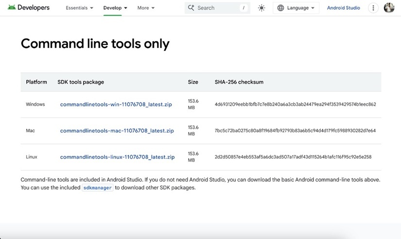 Android developer site showing the command-line tools download