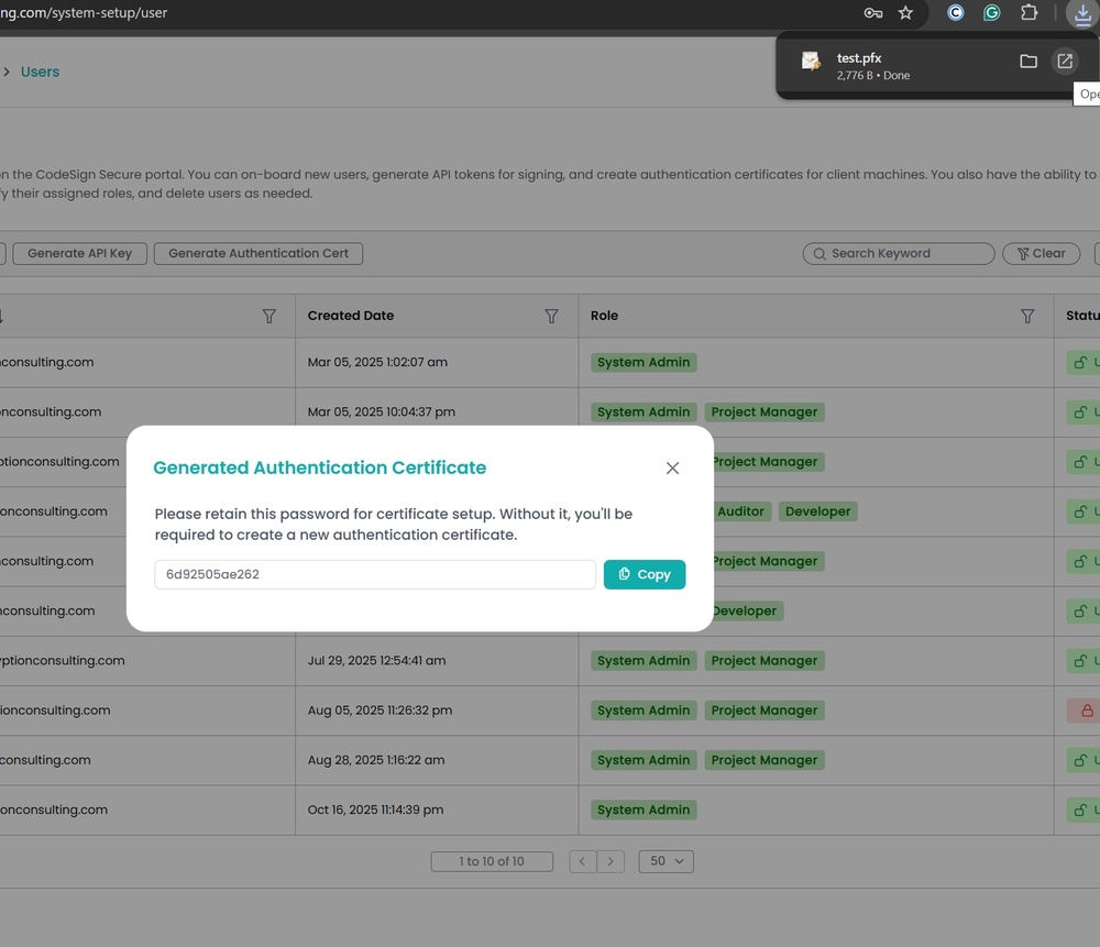 CodeSign Secure dialog showing the generated .pfx authentication certificate and password