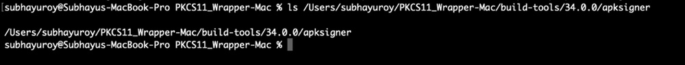 Terminal output confirming apksigner is present in the build-tools directory