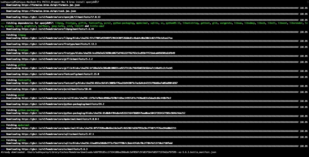 Terminal output showing Java 17 being installed via Homebrew