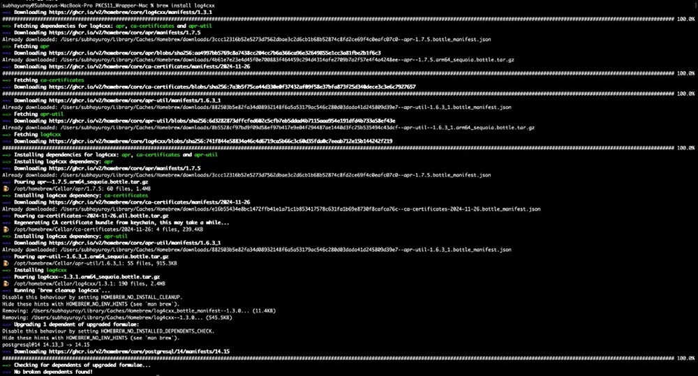 Terminal output showing log4cxx being installed via Homebrew