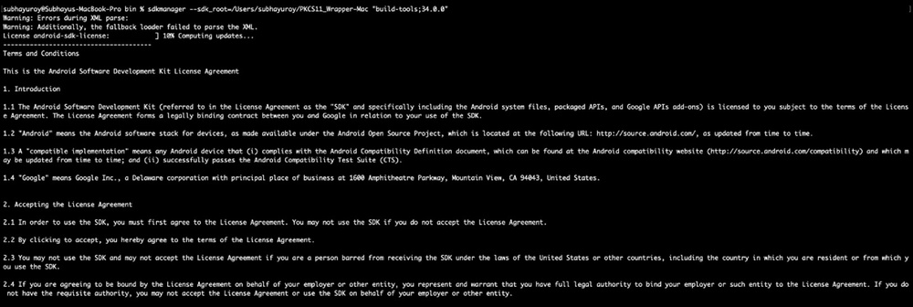 Terminal output showing the Android build tools being installed on macOS