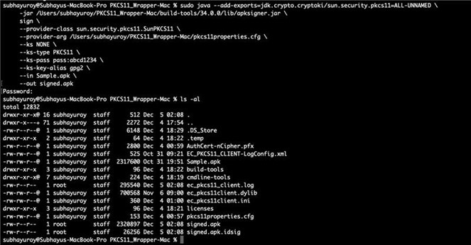 Terminal showing the java-invoked apksigner sign command being run on macOS