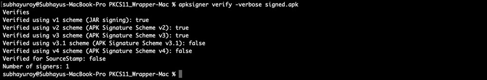 Terminal output showing apksigner verify confirming a valid signature on macOS