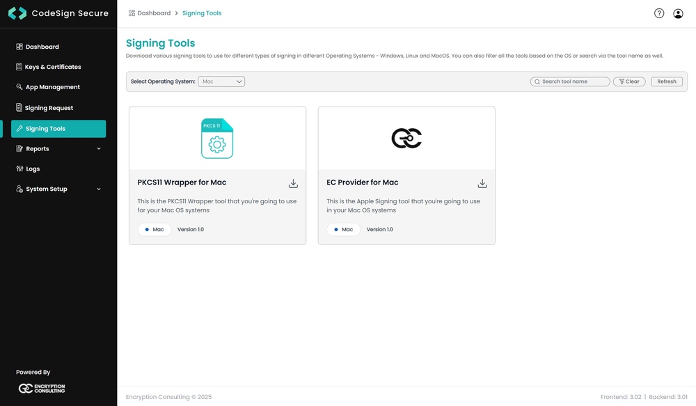 CodeSign Secure Signing Tools section showing the PKCS11 Wrapper for macOS download