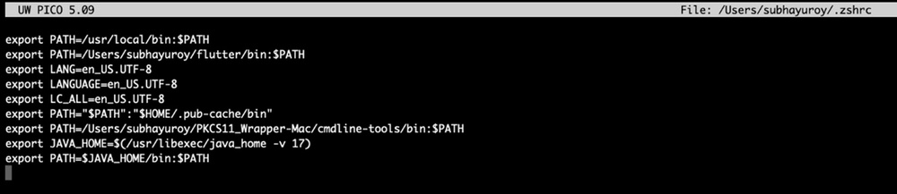 Terminal showing the .zshrc file opened in nano