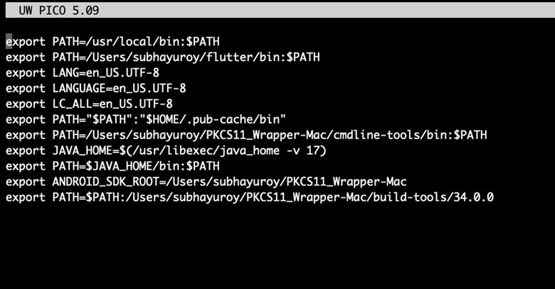 .zshrc file showing the PATH, JAVA_HOME, and ANDROID_SDK_ROOT exports