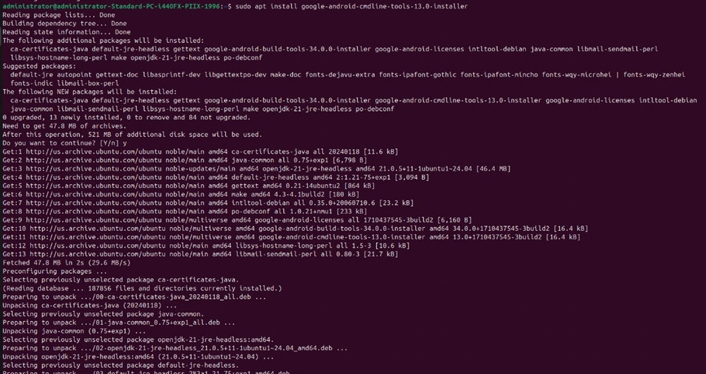 Terminal output showing the Android SDK command-line tools being installed